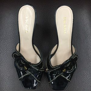 Prada Black Patent Leather Sandals | Wedge Heels